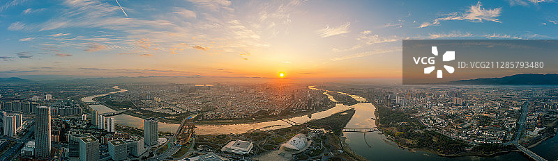 航拍金华三江口日落城市全景图片素材