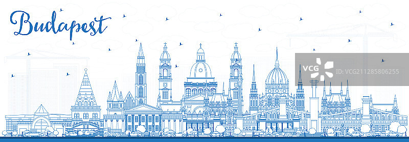 蓝色布达佩斯匈牙利城市天际线轮廓图片素材