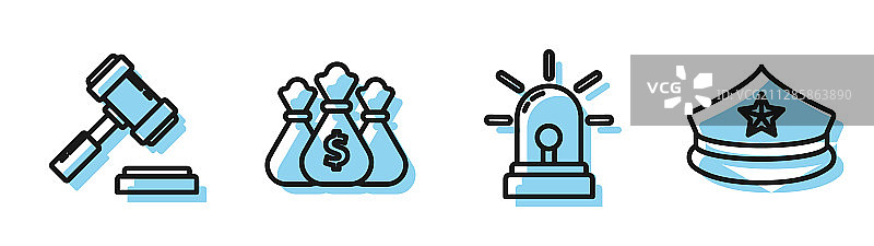 闪光警报器、法官 gavel、钱袋图片素材