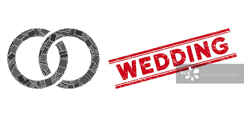 结婚戒指马赛克和复古婚礼印章图片素材