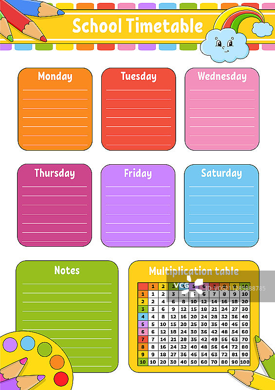 带有乘法表的学校课程表图片素材