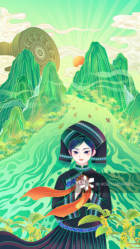 少数民族女孩和桂林山水风景图片素材