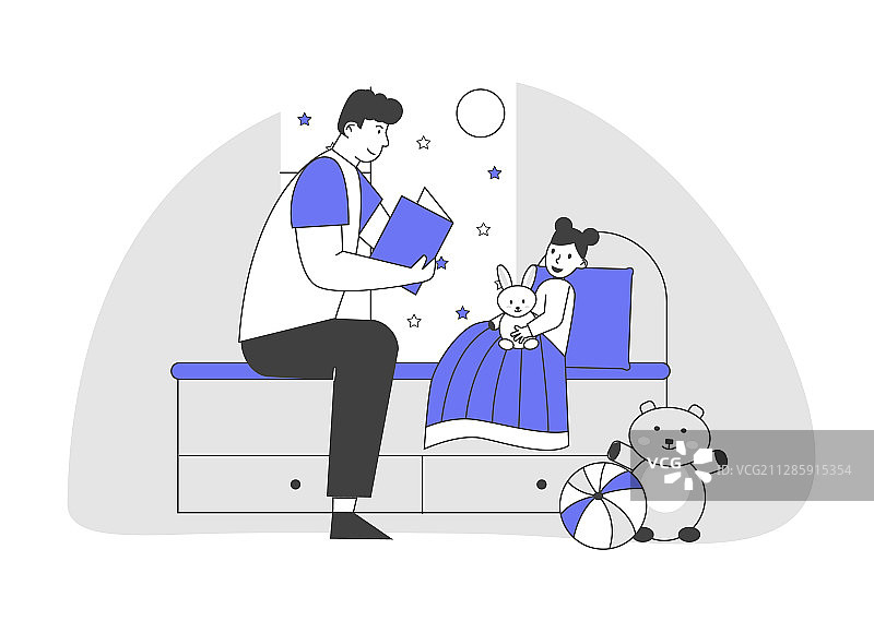 单亲爸爸在床边给女儿读书图片素材