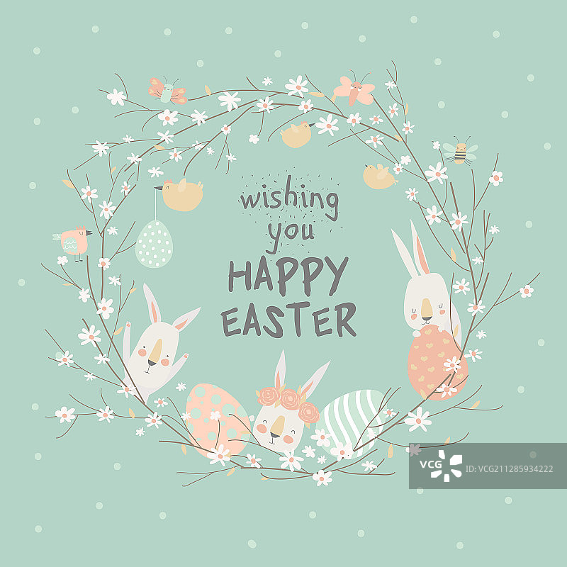卡通复活节花环与可爱兔子图片素材