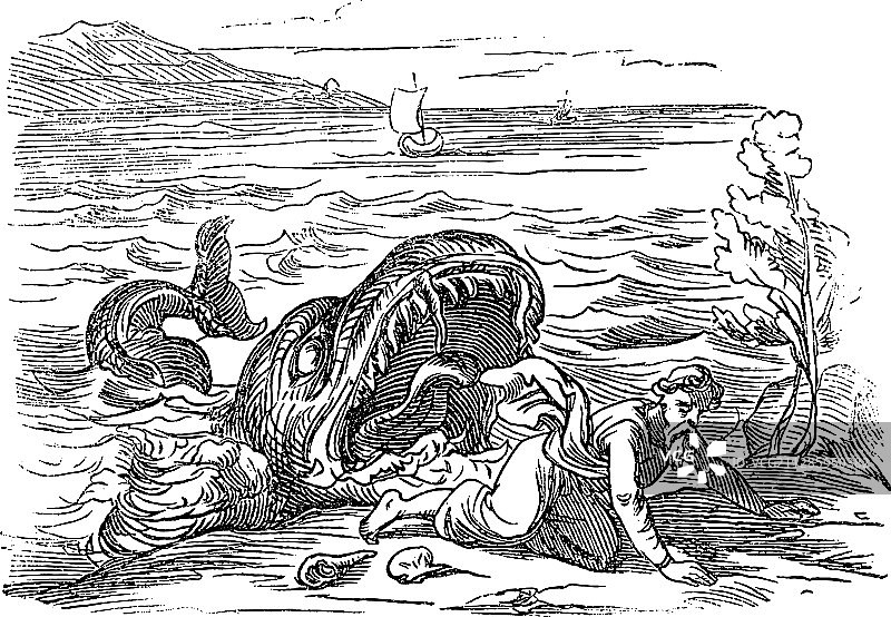 约拿先知呕吐的复古绘画图片素材