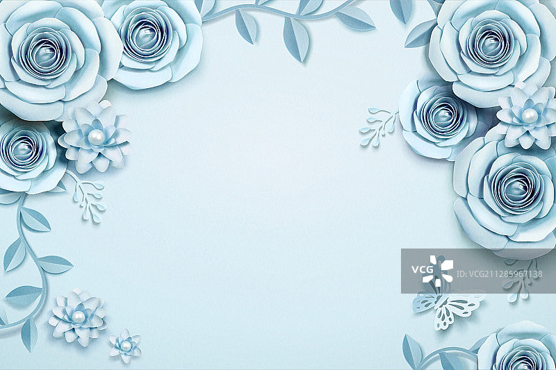浅蓝色纸玫瑰背景边框图片素材