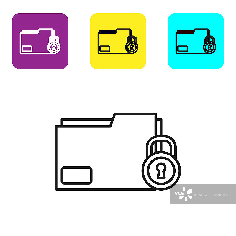 黑色线条文件夹和锁图标图片素材