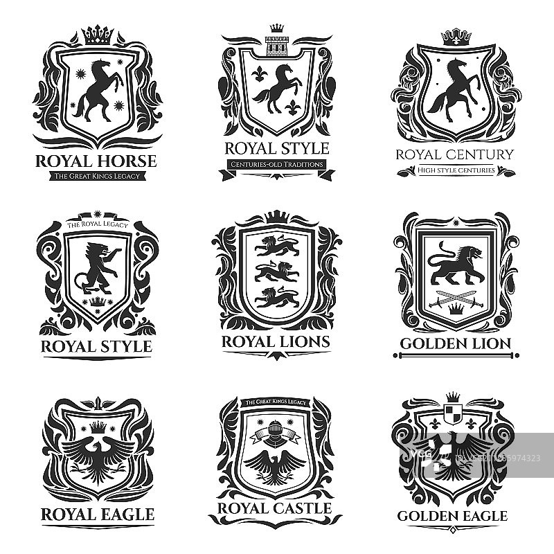 皇家纹章中世纪马匹和动物图标图片素材