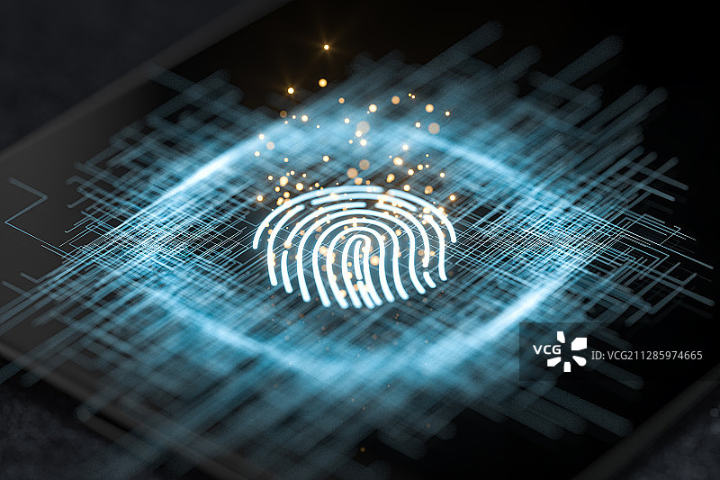 指纹图形与手机屏幕 3D渲染图片素材