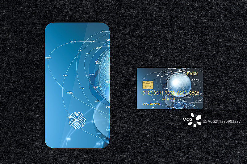 银行卡与指纹识别的手机屏幕 3D渲染图片素材