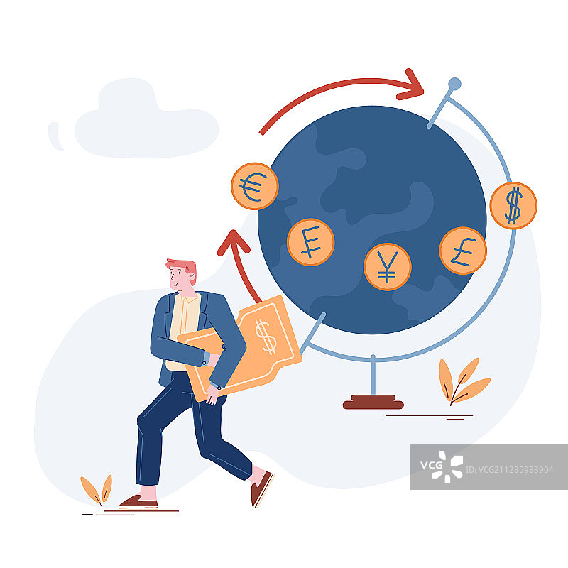 携带美元钞票经过巨物的年轻男商人图片素材