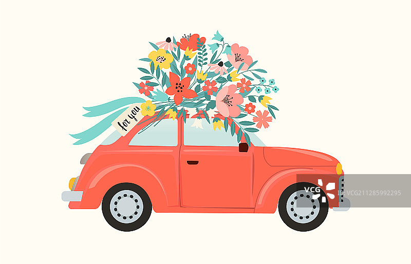 运送鲜花的红色复古玩具车图片素材