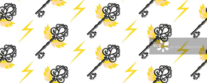 复古翅膀钥匙魔法无缝图案图片素材