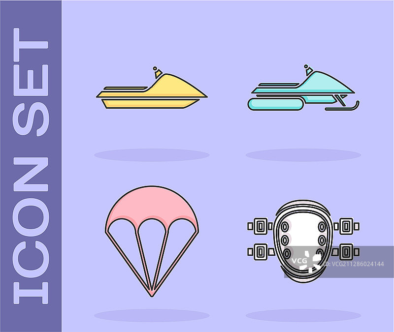 护膝滑水板降落伞和雪地摩托套装图片素材