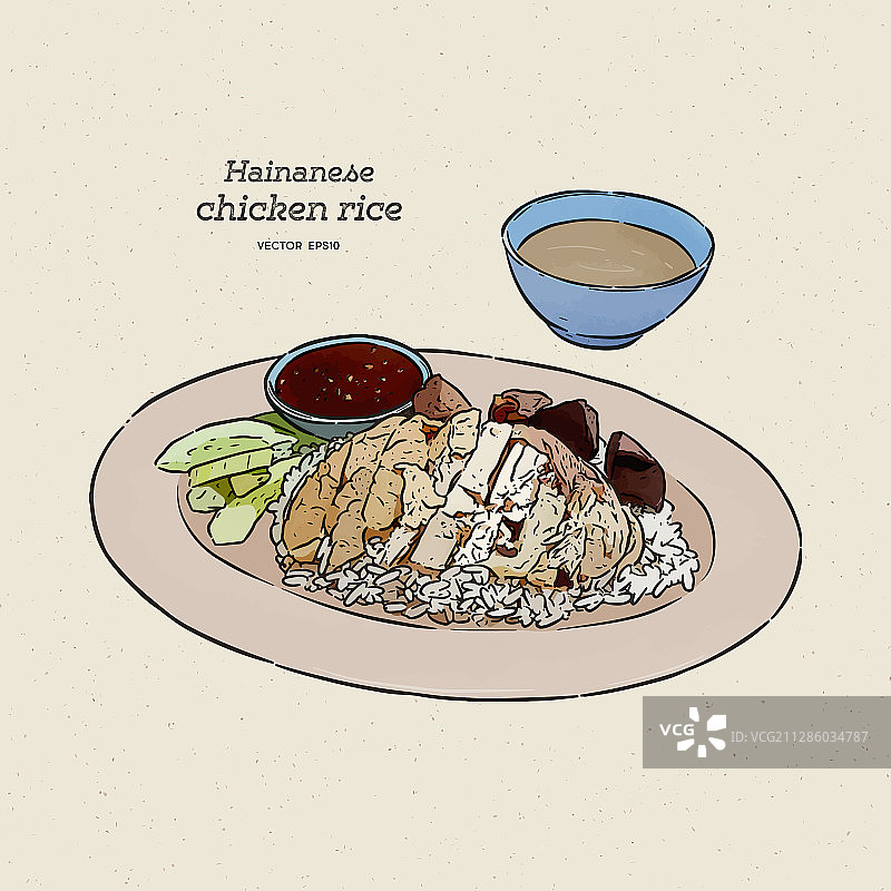 手绘海南鸡饭配酱汁和汤图片素材