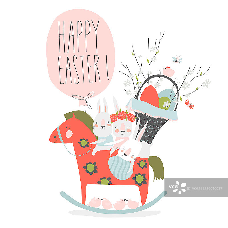 拿着复活节彩蛋和鲜花的可爱卡通兔子图片素材