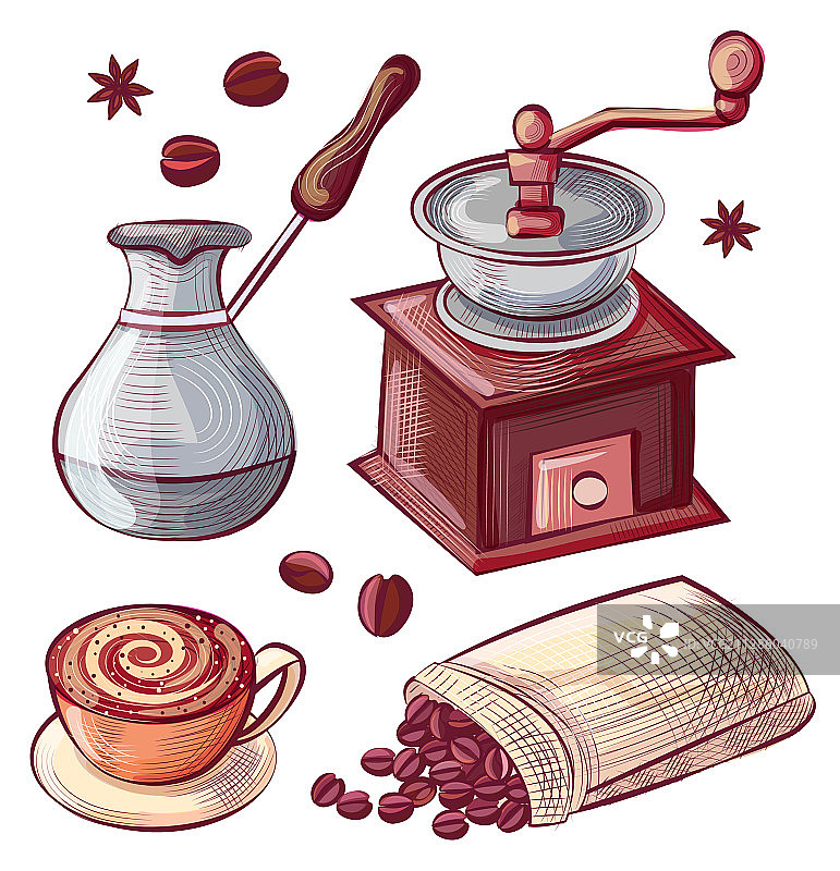 咖啡壶、研磨杯和咖啡豆袋图片素材