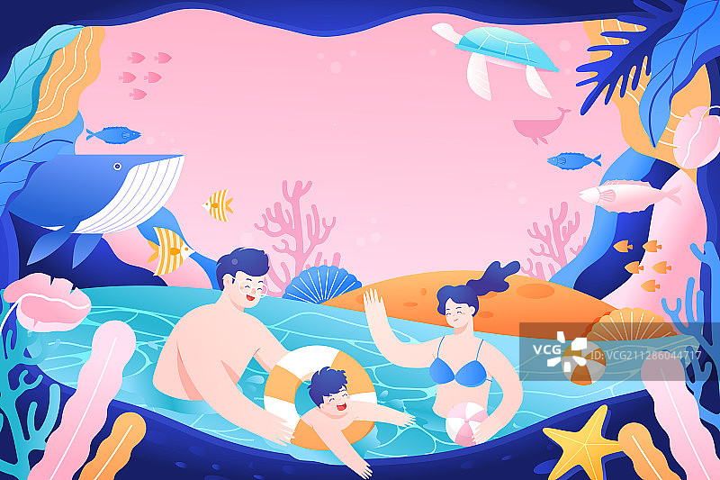儿童节父亲节母亲节家庭亲子游泳度假购物节电商促销活动矢量插画图片素材