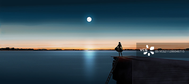 海上生明月海边码头跳舞的女人图片素材