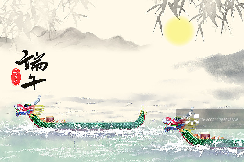 两条龙舟穿梭在山脉与河流之间图片素材