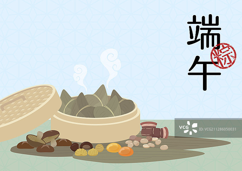 一笼粽子旁边放着香菇栗子和肉图片素材