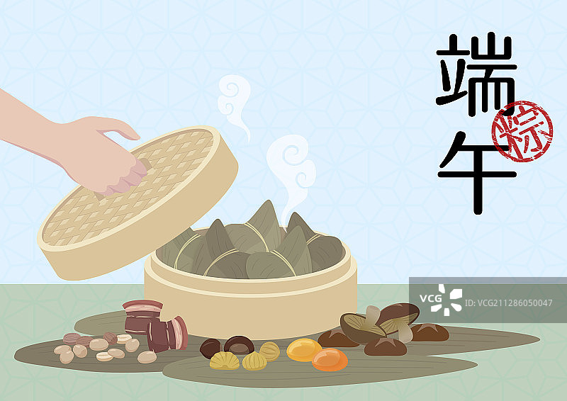 一个人正在打开刚蒸好飘着香气的粽子的蒸笼图片素材