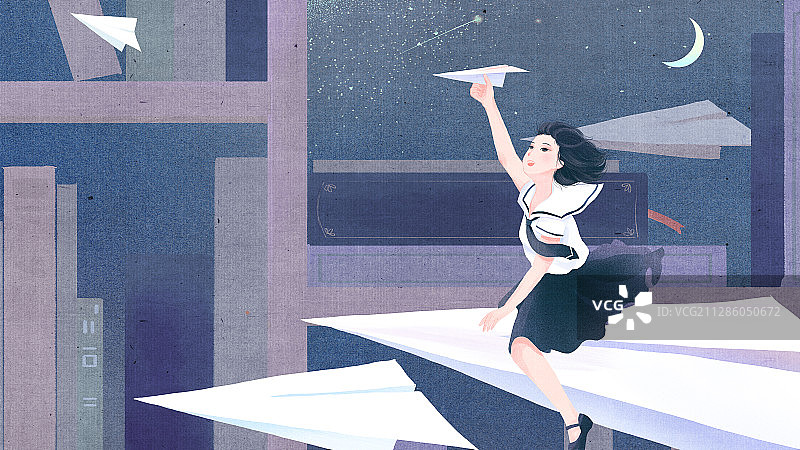 书架前骑在纸飞机上的校服少女幻想插画图片素材