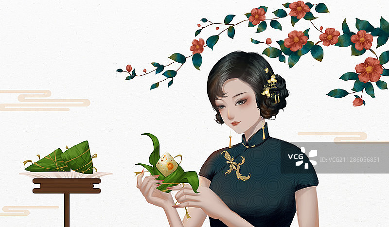 穿旗袍的女人在剥粽子中国风插画图片素材