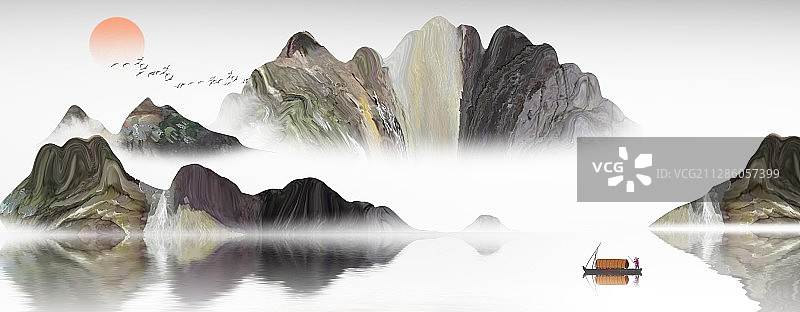 手绘中国风意境水墨山水画图片素材