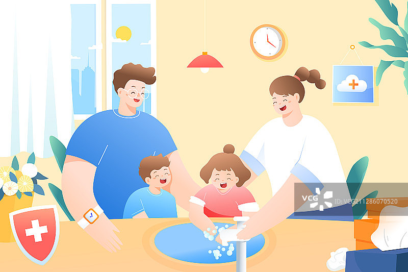 儿童节父亲妈妈家人家庭环境洗手注意卫生医疗健康保险矢量插画图片素材