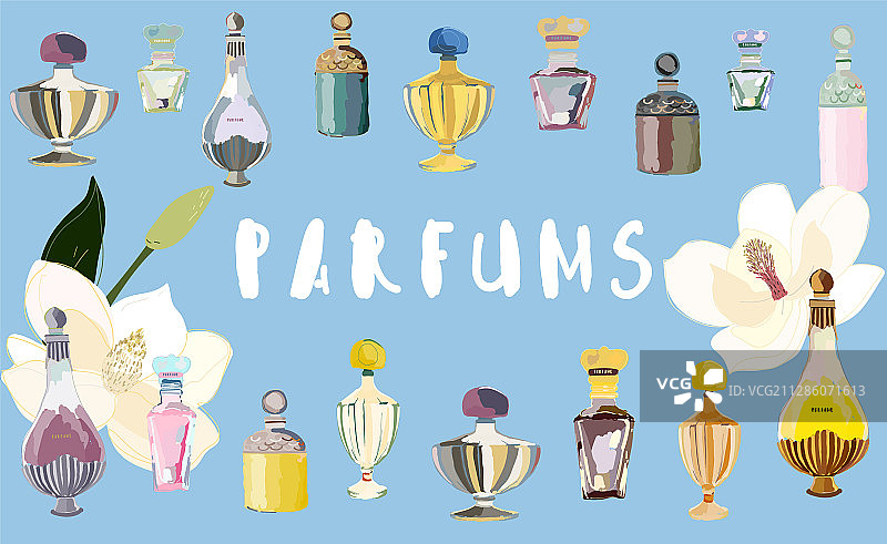 香水瓶与大型木兰花图片素材