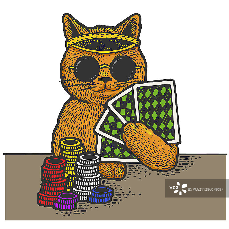 猫咪扑克牌玩家素描图片素材