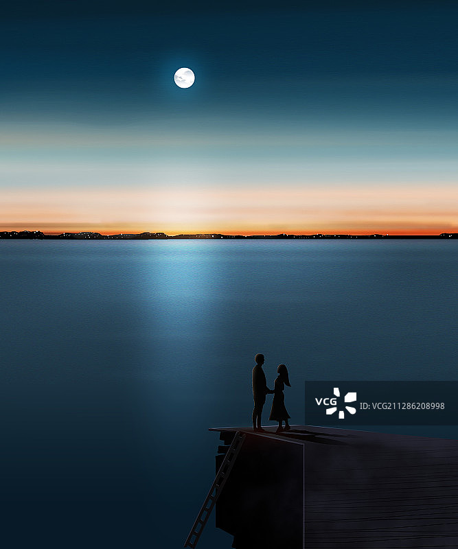 海边码头上约会的情侣图片素材