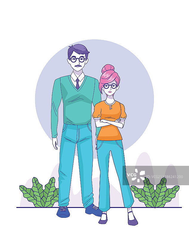 戴眼镜的男女与彩色设计图片素材