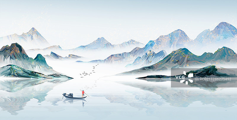 手绘中国风蓝色意境山水画图片素材