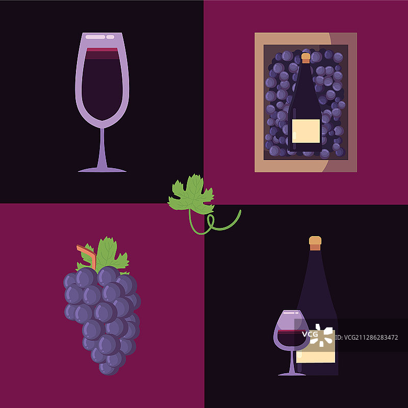 葡萄酒瓶、葡萄和酒杯设计图片素材