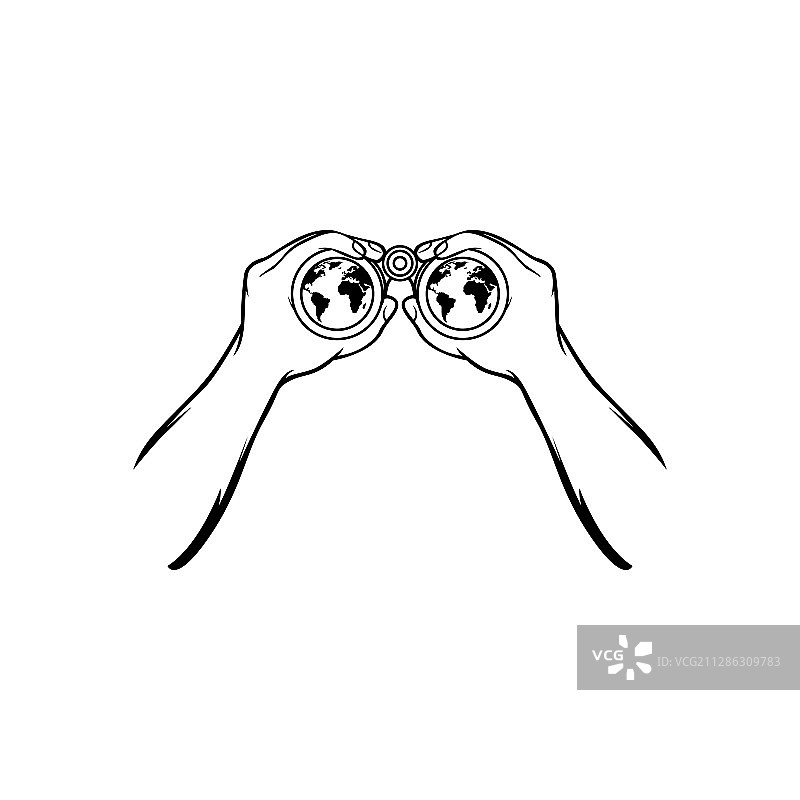 手持双筒望远镜和世界地图图片素材