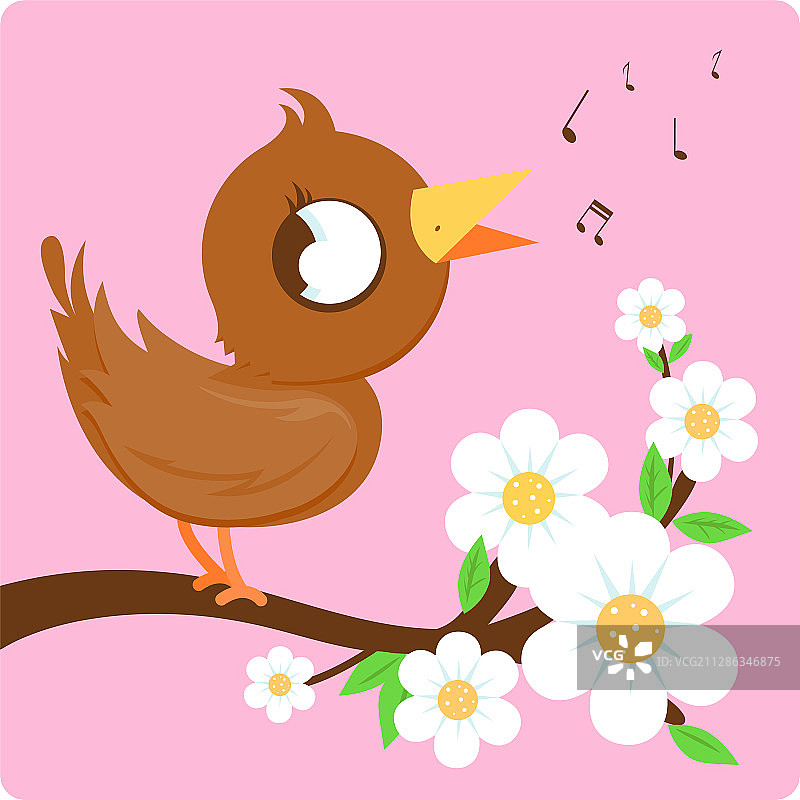 可爱的小鸟在盛开的树枝上歌唱图片素材