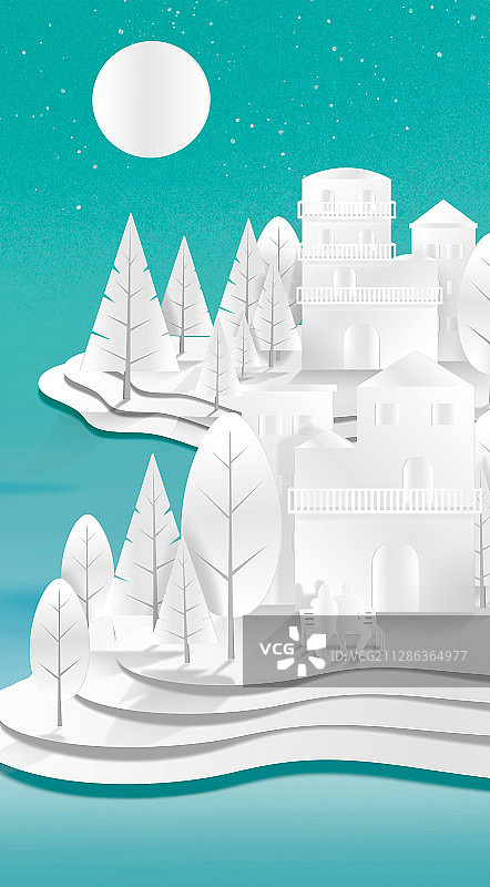 插画风格白色大自然建筑剪纸图片素材
