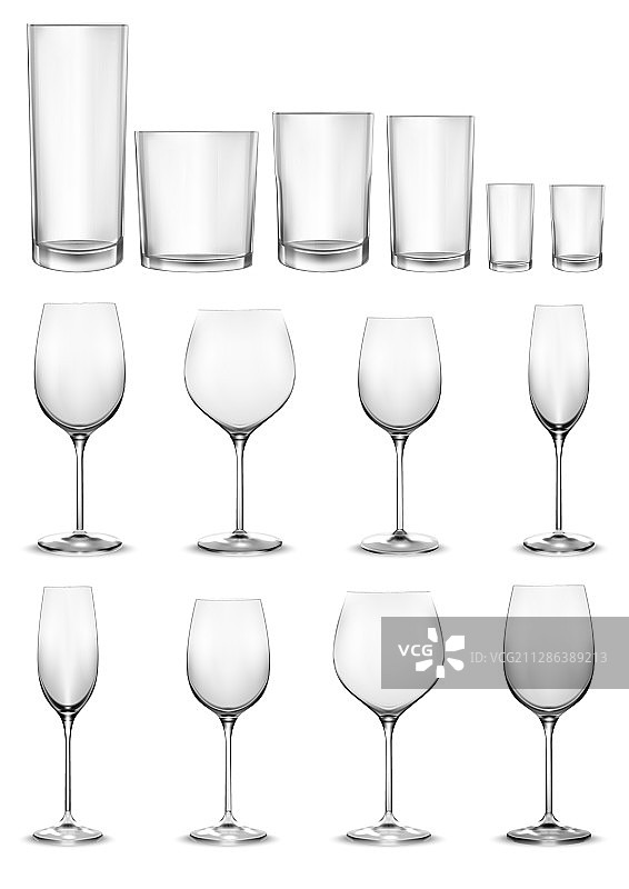 空玻璃杯和葡萄酒杯套装图片素材