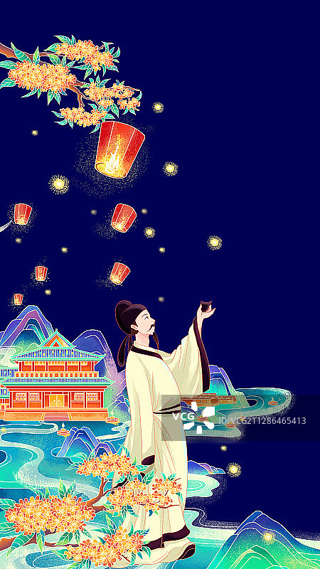 李白赏月插画图片素材