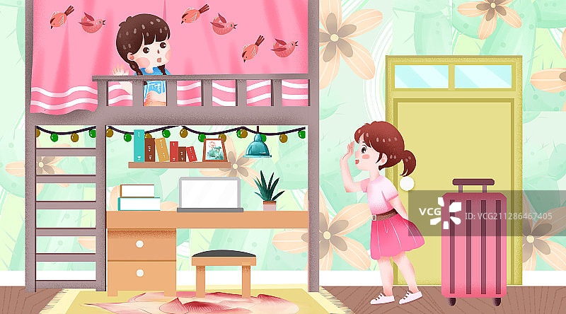 新学期学生来到宿舍和舍友见面插画图片素材