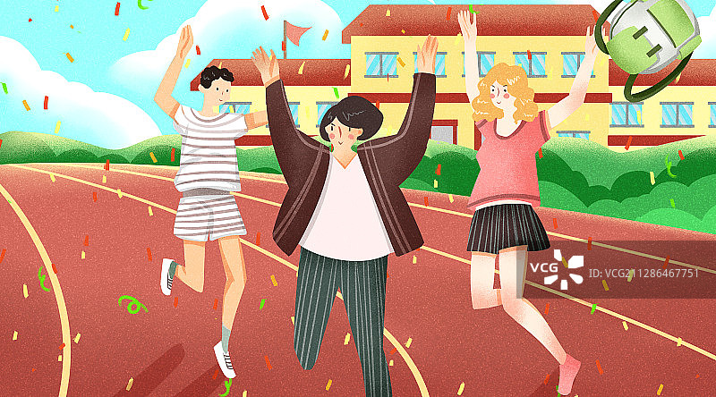 开学季学生们在操场快乐跳跃插画图片素材