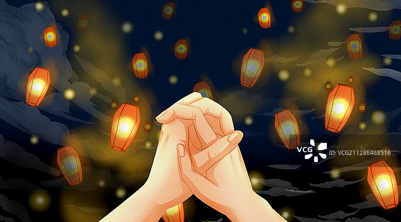 祈祷祈福放天灯插画图片素材
