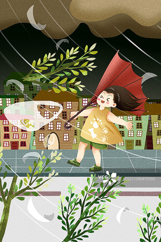 台风季刮大风女孩在大街上插画图片素材