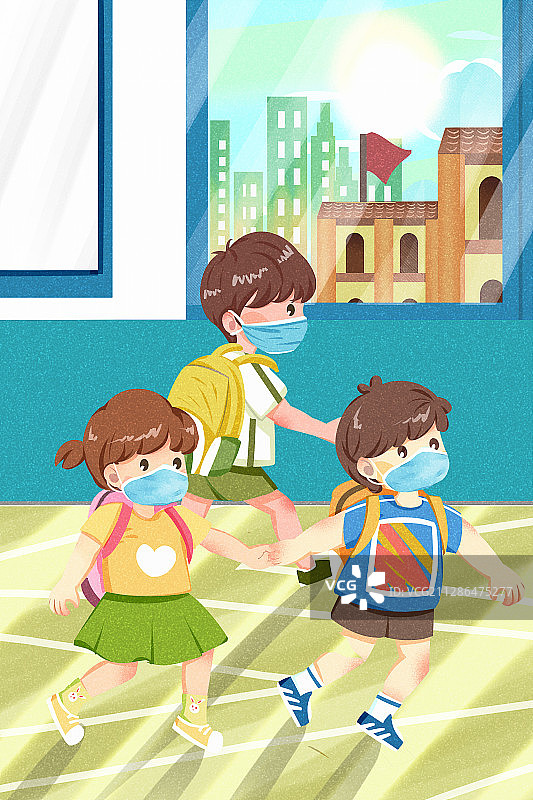 小学生戴口罩背书包上学插画图片素材