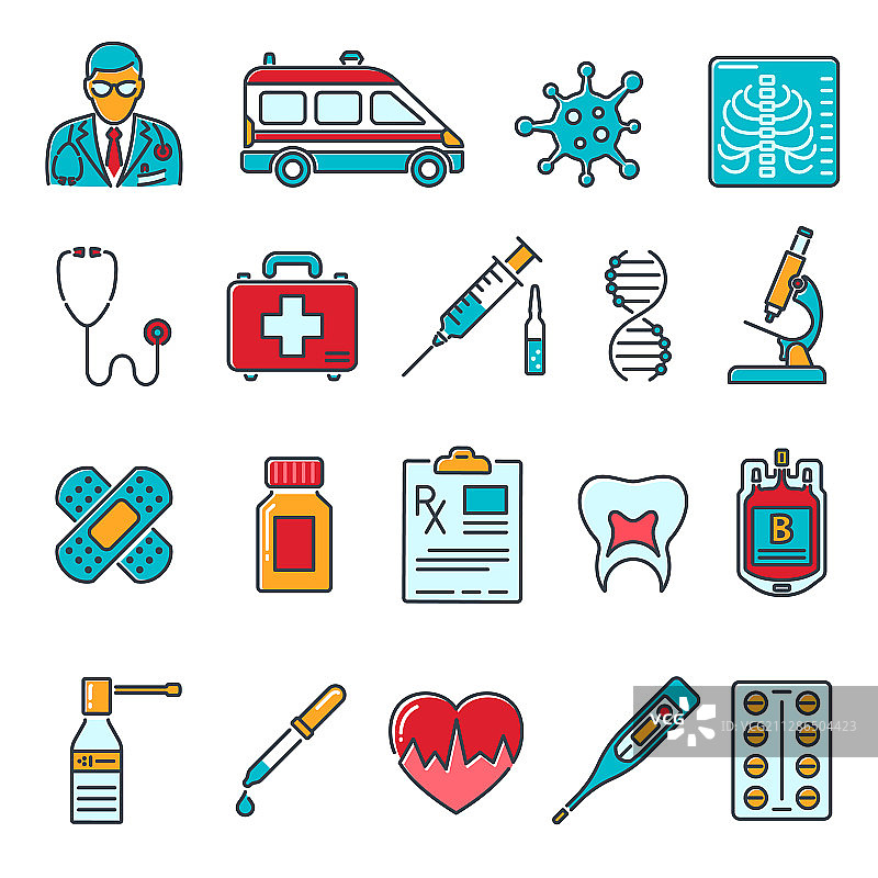 彩色医疗保健线性图标集图片素材