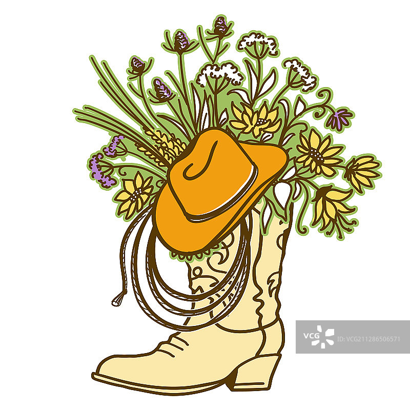 带鲜花、牛仔帽和套索的牛仔靴图片素材