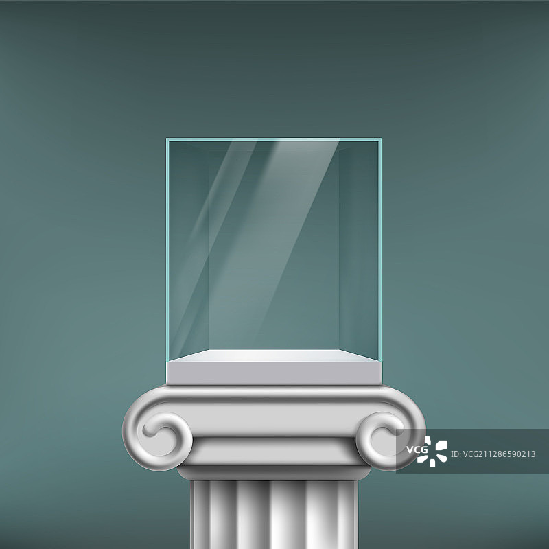 古董柱上的空玻璃立方体展示柜图片素材