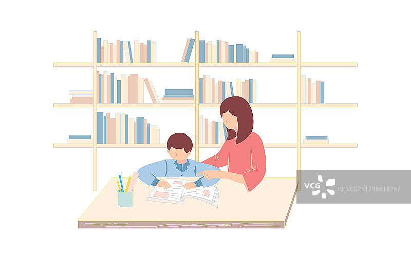 书架背景前，母亲教孩子阅读图片素材